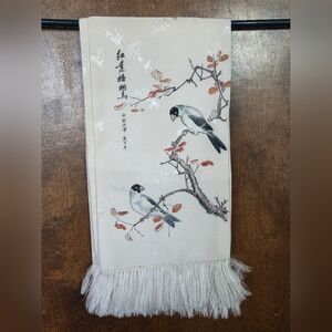 Mari Xiao Chinese Ink Painting Silk Scarf Tapestry. Finches on Flowering Tree